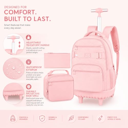 3Pcs Rolling Backpack for Girls Women, 19 Inche School Roller Backpacks with Wheels, Adults Wheeled Bookbag with Lunch Box(Pink) - color: Classic Pink