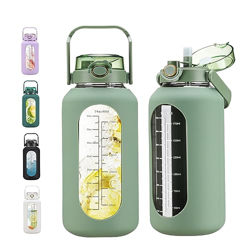 chunmo 74 oz Glass Water Bolttles with Straw Large Motivational Water Bottle with Time Marker Sports Water Bottles with Silicone Sleeve and Handle Lid 2.2L Water Jug for Gym Workout - color: Olive