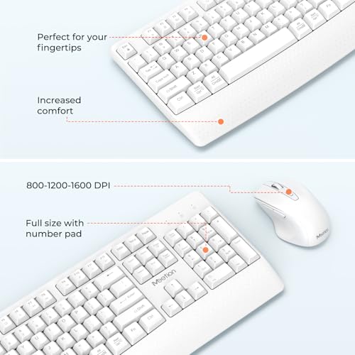 MEETION White Wireless Keyboard and Mouse, 2.4G USB Receiver Plug-and-Play, Computer Keyboard with Wrist Support, 3 Level DPI Mouse, Long Time Lasting Battery for PC/Mac/Windows/Laptop, White - color: White