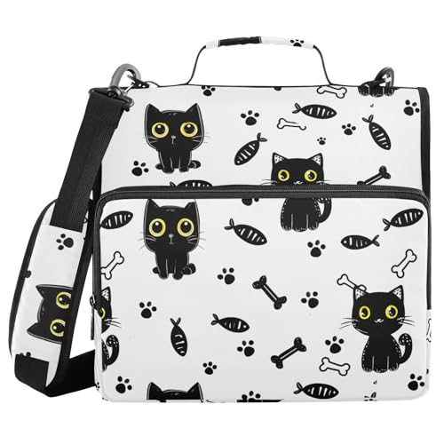 ALAZA Zipper Binder 3 Ring Black Cat and Footprint Binder Organizer with Zipper and Shoulder Strap Large Capacity Multi-Pocket Trapper Keeper File Folder for Office Supplies - color: Multicolored 6