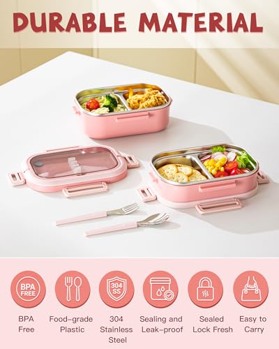 Lille Home Stackable Lunch Box, 2 Tier Stainless Steel Bento Lunch Box, 56oz Large Capacity Leakproof Lunch Containers, 4-Compartment Lunch Box with Utensils for Meal Prep, Work, Picnic(Pink) - color: 2 Tier-Pink