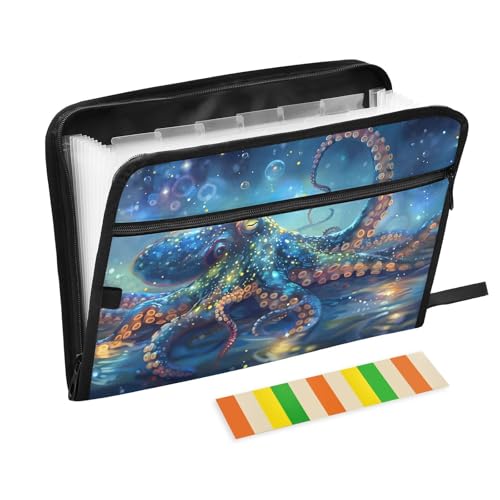 Expanding File Folder Octopus Blue Accordion File Organizer 13 Pockets Document Organizer with Zipper Labels A4 Letter Office Storage - color: Multi14
