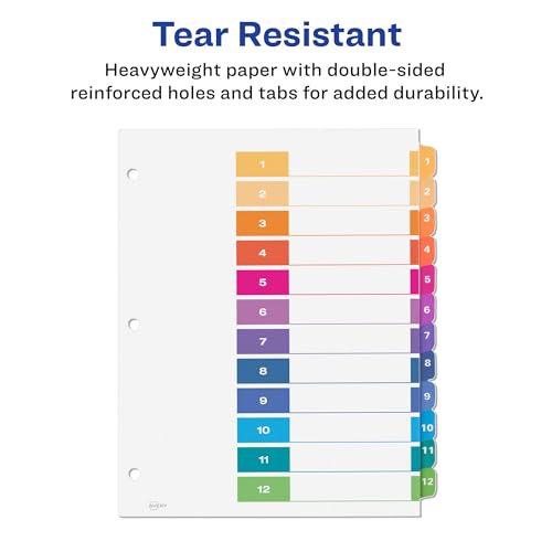 Avery 12 Tab Dividers for 3 Ring Binders, Customizable Table of Contents, Multicolor Tabs, 6 Sets (11196) - size: 12 tabs