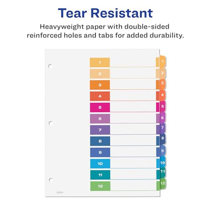 Avery 12 Tab Dividers for 3 Ring Binders, Customizable Table of Contents, Multicolor Tabs, 6 Sets (11196) - size: 12 tabs