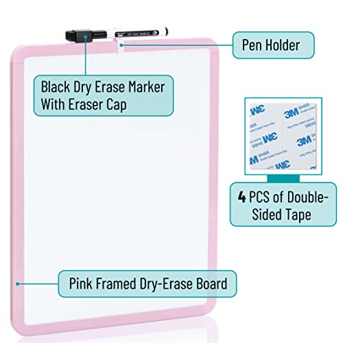 Mr. Pen- Dry Erase Board, 14” x 11” with a Black Dry Erase Marker | Pink Frame, Small Mini White Board for Students, Fridge, Wall, Locker, Includes Double Sided Tapes - color: Pink