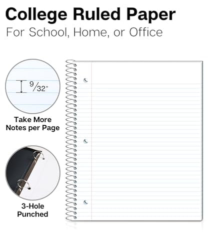 Dunwell 1-Subject Notebook College Ruled, (Blue) 100 Sheets (200 Pages), Perforated Paper, 3 Hole Punched, Spiral Notebook 8.5 x 11, Protective Plastic Cover, Divider with Pockets - color: Blue, style: 1 Subject