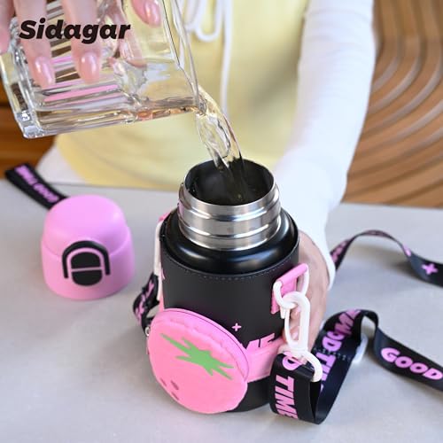 SDGA+ Kids Insulated Water Bottle with Shoulder Strap - 22 oz Kawaii Stainless Steel Tumbler with 3D Fuzzy Charm, Leak-Proof Flip Top & Vacuum Flask for School, Travel, BPA Free, Pink - color: Pink
