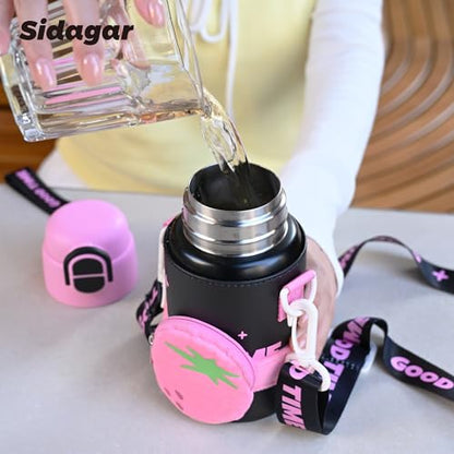 SDGA+ Kids Insulated Water Bottle with Shoulder Strap - 22 oz Kawaii Stainless Steel Tumbler with 3D Fuzzy Charm, Leak-Proof Flip Top & Vacuum Flask for School, Travel, BPA Free, Pink - color: Pink