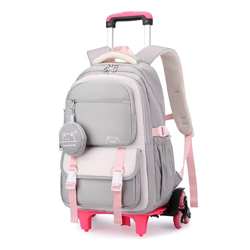 Rolling Backpack for Girls Kids Backpack with Wheels Elementary School Roller Bookbag Trolley School Bag for Travel Gray - color: 05-6 Wheels-gray, size: 6 Wheels