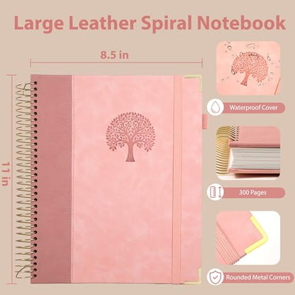 Yoment Hardcover Spiral Notebook 8.5" x 11" Pink 5 Subject Notebook College Ruled with Dividers Tabs 300 Pages Large Leather Spiral Journal Notebooks for Work School Note-Taking Business - color: Pink