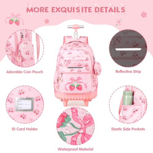 Rolling Backpack for Girls, 3PCS Roller School Backpacks for Girls with Lunch Bag and Pencil Pouch, Kids Bookbag School Bag with Wheels for Kindergarten Elementary Middle School Travel - color: Pink Bow Cherry