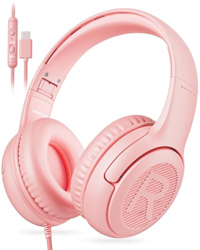 awatrue USB-C Kids Headphones with Mic - 85/94dB Volume Limiter, Foldable Wired Toddler Headphones for Boys & Girls, Over-Ear Type-C Kid Headphones for School, Travel, lPad, Tablet & Smartphones - color: USBC Pink