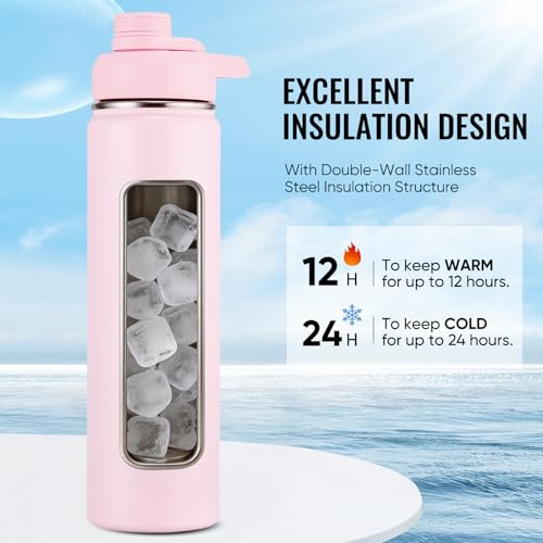 Fijinhom Insulated Water Bottle with Handle, 304 Stainless Steel Water Bottles with Wide Mouth, Double Wall Vacuum Sports Water Bottle, BPA Free, Keep Cold and Hot, 24 Ounces, Pink - color: Pink, size: 24 Ounces