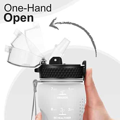 Kids Water Bottle, 24 oz Tritan BPA-Free, Leak Proof, White Black | Motivational Time Markers, Straw Lid, Wide Mouth, for Home, School & Summer Camp-1 Lid Included - color: White Black