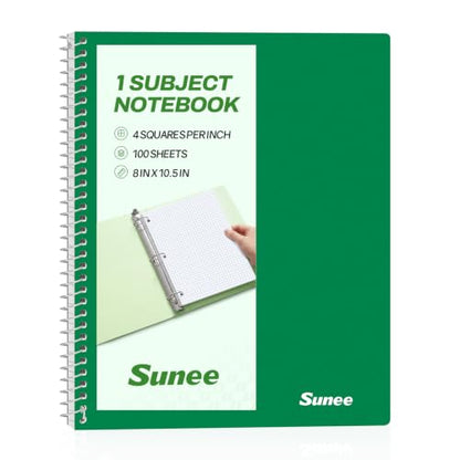 SUNEE Spiral Notebook, 1-Subject, Graph Ruled Paper, 8" x 10-1/2", 100 Sheets per Notebook, 3-Hole Punched Paper, Water Resistant Cover, Spiral Grid Notebooks for Work, Home, School, Dark Green - color: Dark Green
