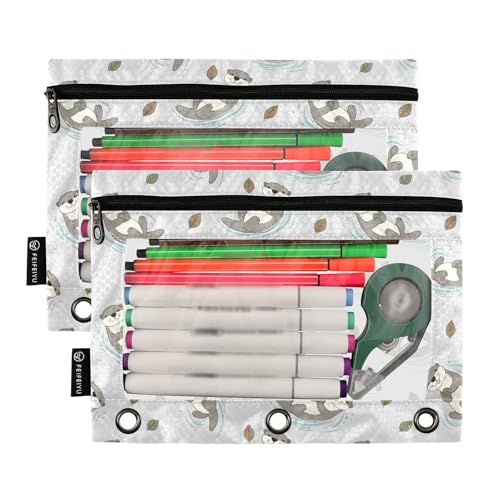 2 Pack Pencil Pouch for 3 Ring Binder Cute Otter Pencil Case Pouch with Clear Window Zipper Binder Pencil Pouches Pen Bag for Office School Supplies - color: Cute Otter