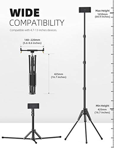 Lamicall Tablet Floor Tripod Stand - 64.9" Tablet Holder Mount with Adjustable Height for Watching, Bluetooth Remote, for 4.7-13" iPad Pro 12.9 11 10.5 Mini, Air, iPhone, Galaxy Tabs