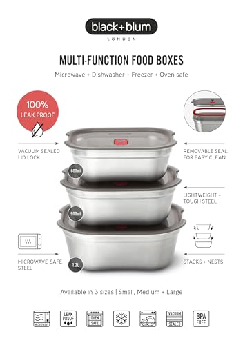 BLACK + BLUM Stainless Steel Microwave Safe Container Set | Mixed Set of 3 | Set of 600ml/900ml/1.2L, Leak Proof & Airtight, Durable & Reusable, Stackable Food Storage, Ideal for Meal Prep Batch Cooking - size: Mixed Box Set (600ml / 900ml / 1.2L)