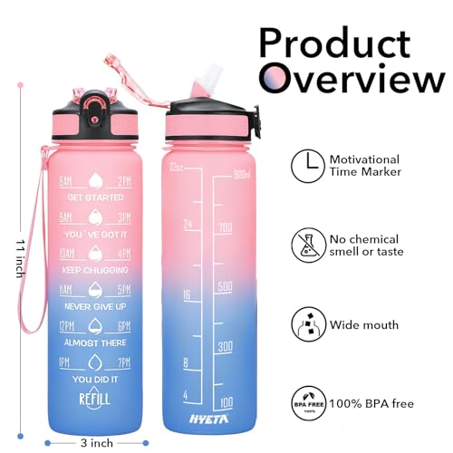 Hyeta Water Bottle with Straw & Time Marker, Plastic 32oz Leakproof | Motivational Tritan BPA Free Gym Office Outdoor Intake Tracker Hourly Reminder Straw Lid Carry Strap - color: Pink-Blue