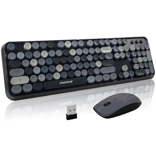 FOPETT Wireless Keyboard and Mouse Combo - 2.4G Full-Sized Cute Colorful Retro Keyboard with Round Keycaps 104 Keys Typewriter Keyboard for Laptop/Windows/PC - Grey Colorful - color: V2020 Grey Colorful