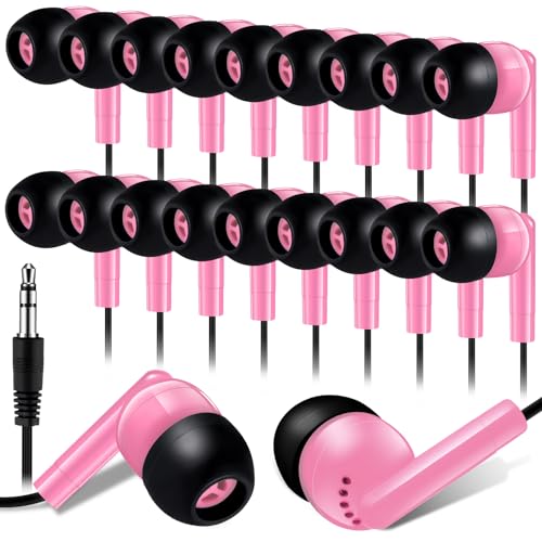 Kanayu 100 Pack Wired Earbuds Bulk for Classroom Ear Headphones Wired Basic Student Earbuds No Microphone with 3.5MM Jack for Class Laptop School Library, Individually Bagged (Pink) - color: Pink