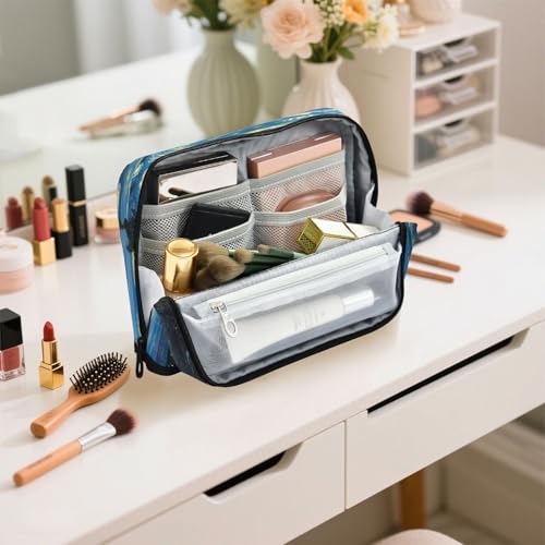 The Starry Night Art Pencil Case Organizer, Large Capacity Stand-Up Pen Pouch with 3 Compartments, Foldable Makeup Bag for School Office Travel Supplies, 8.3 x 5.9 Inch - color: Starry Night