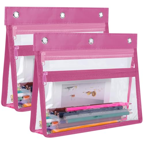 YoeeJob Pencil Pouch for 3 Ring Binder with 1.5 inch Expandable Large Capacity, Double Pockets Zipper Pencil Case, Pencil Binder Pouch for School Office Home,Pink - color: pink