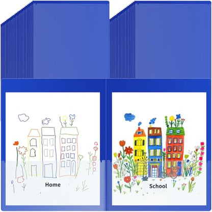 50 Pcs Parent Teacher Classroom Communication Folder with Clear Front Pockets, 2 Pockets Homework Folders Take Home Plastic Folders for Kid Student Home and Classroom (Blue) - color: Blue