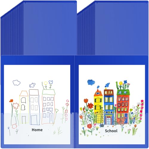 50 Pcs Parent Teacher Classroom Communication Folder with Clear Front Pockets, 2 Pockets Homework Folders Take Home Plastic Folders for Kid Student Home and Classroom (Blue) - color: Blue