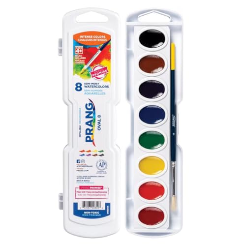 Prang Semi-Moist Watercolors 8-Color Oval Pan Set, Class Pack of 36 | Refillable, Wax-Free Pigments, Mixing Tray in Lid, Size 6 Paintbrush Included - style: 8 Count (Pack of 36)