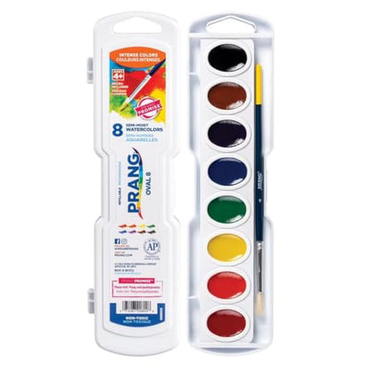 Prang Semi-Moist Watercolors 8-Color Oval Pan Set, Class Pack of 36 | Refillable, Wax-Free Pigments, Mixing Tray in Lid, Size 6 Paintbrush Included - style: 8 Count (Pack of 36)