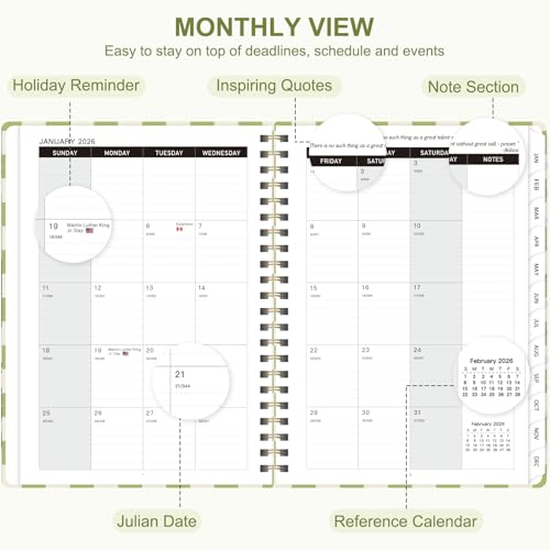 2026 Planner, Weekly and Monthly Calendar Academic Planning Book, Jan 2026 - Dec 2026, Agenda Calendar Planner for Office Supplies and Desk Accessories - A5 (6.3" x 8.5") - color: A-Green Grid