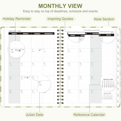2026 Planner, Weekly and Monthly Calendar Academic Planning Book, Jan 2026 - Dec 2026, Agenda Calendar Planner for Office Supplies and Desk Accessories - A5 (6.3" x 8.5") - color: A-Green Grid
