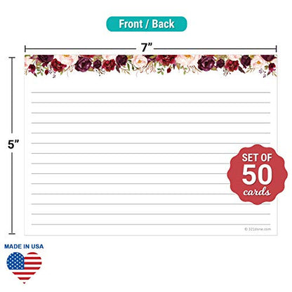 321Done Ruled Index Cards, Large 5x7, Set of 50, Red Roses on White | Made in USA - Lined Note Cards for Studying, Flashcards and Recipes, Heavy White Cardstock, Lines Both Sides, Home and School - size: Large (5x7)