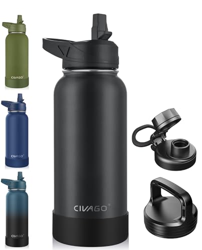 CIVAGO 32 oz Insulated Water Bottle With Straw, Stainless Steel Sports Water Cup Flask with 3 Lids (Straw, Spout and Handle Lid), Wide Mouth Travel Thermal Mug, Black - color: Black, size: 32 Ounces