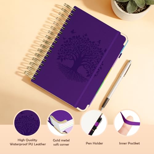 QIYVLOS Hardcover Spiral Notebook, A5 Journal with Removable Dividers Tabs, 5 Subject Notebook College Ruled, 320 Pages 6"x8" Leather Notebooks for Work School Study, Lined Journal for Women, Purple - color: A5/Purple