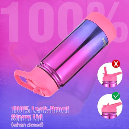 Mininoo Kids Water Bottle, Girls Water Bottles for School, 16oz Stainless Steel Metal Water Bottle with Straw Lid - color: 16oz Specular Punch/Purple, size: 16 Ounces