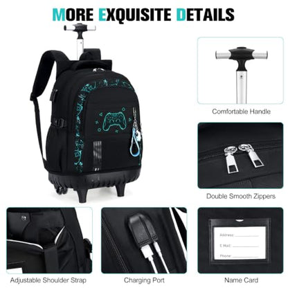 ACESAK Rolling Backpack for Boys, Kids Backpack with Wheels Portable with Insulated Lunch Box & Pencil Case, Multi-Pocket Roller Backpack for Preschool Kindergarten Kids Boys Travel(Black Game) - color: Black Game
