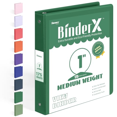 BinderX Extra Durable 3 Ring Binder, Round Rings 1 Inch Binder, Fits 175 Sheets of 8.5x11 Paper, Customizable View Cover with Inside Pockets, Cute 1" Binders, 1 Inch 1 Pack, Dark Green - color: Dark Green, size: 1 inch