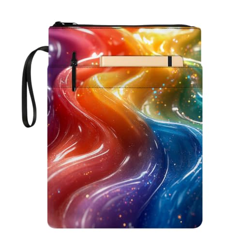 Padded Book Sleeve with Zipper & Front Pocket, Fabric Book Cover | Rainbow Liquid Wave Fluid11.4"x8.7" Washable Canvas Pouch for Hardcovers, Tablets & Reading Accessories - color: Rainbow Liquid Wave Fluid