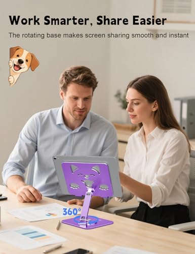 Aoviho Tablet Stand for iPad with 360° Rotating Base – Aluminum Adjustable Tablet Stand for Desk, Cute Dog Design Holder for iPad Pro/Air/Mini, Samsung Galaxy, Kindle, 4″–13″ Devices,Purple - color: Purple