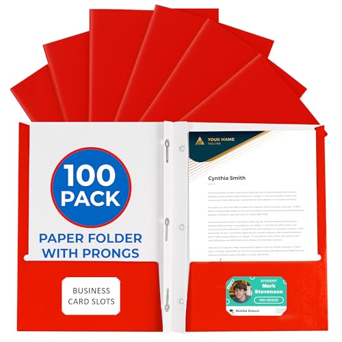 100 Pack Red 2 Pocket Paper Folders. EPI Heavy Duty, Bulk Folders with Pockets, Prongs and Business Card Slots. Letter Size Document Organizers. Durable Portfolio for School, College, Office Files - color: Red, style: Prongs