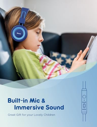 iClever HS14 Kids Wired Headphones, Light Blue, 85dB Volume Limiter, Stereo Sound, Built-in Mic, 3.5mm Audio Jack Compatible, 6.1 Ounces - color: Light Blue