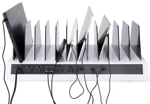 Displays2go Tabletop Charging Station w/Adjustable Dividers 6 AC, 6 USB Outlets- White (TT12HUBXT)