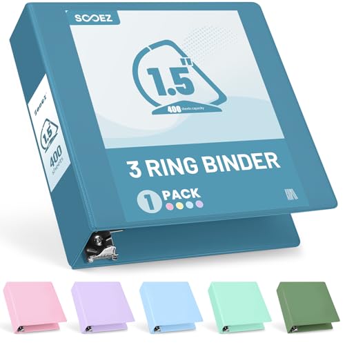 Sooez BinderX Extra Durable 1.5 Inch 3 Ring Binders, D-Ring Large Binder, Holds 400 Sheets of 8.5x11 Paper, Customizable View Cover with Inside Pockets, Heavy Duty 3 Ring Binder for School - color: Grey Blue, size: 1.5 inch