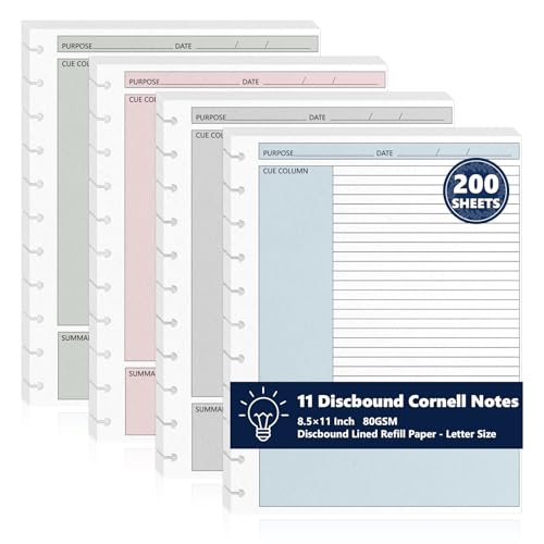 200 Sheet 11-Disc Cornell Notes Loose Leaf Paper 8.5×11 Inch for Discbound Planner Letter Size College Ruled Cornell Note Notebook 9/32" Spacing Note-Taking System Filler Paper for School Office 80gsm - size: Letter Size-11-Disc