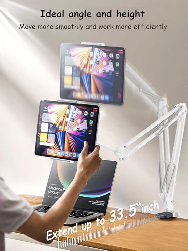 CACENCAN 33.5 Inch Tablet Stand, Adjustable Gooseneck Tablet Arm, Universal Tablet Holder Stand for Bed Desk, 360° Rotation, Carbon Steel Alloy, Fits 4-9.5" iPad iPhone, for Working Watching Movies - color: White