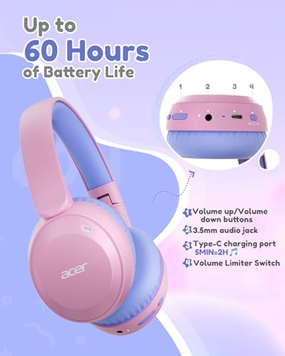Acer Kids Bluetooth Headphones, 85/94dB Volume Limiter, Foldable Wireless Over-Ear Headphones for iPad, Travel, 60H Playtime, Bluetooth 6.0, Built-in Mic, Pink Purple - color: Pink Purple