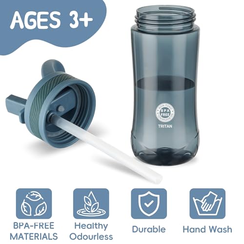 14oz Clear Kids Water Bottle with Straw Lid, BPA-Free Tritan, Measurement Scale, Sturdy Handle Wide Mouth Leak-proof Reusable Plastic Bottle for Boy& Girls, Back to School(Dark blue) - color: Dark blue