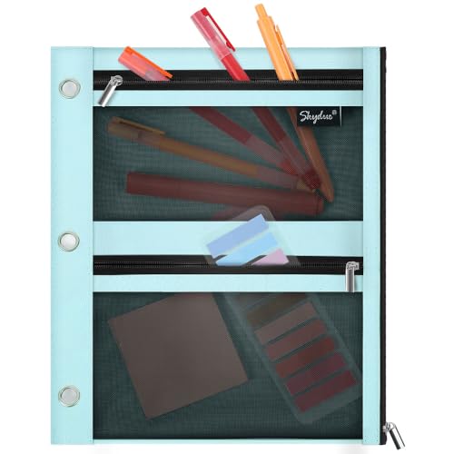 SKYDUE 3 Ring Pencil Pouch for Binder, Zipper Binder Pencil Pouch with 3 Pockets and Mesh Window, Durable Organizer for School Supplies, Cables, Earbuds, Makeup - color: Cyan